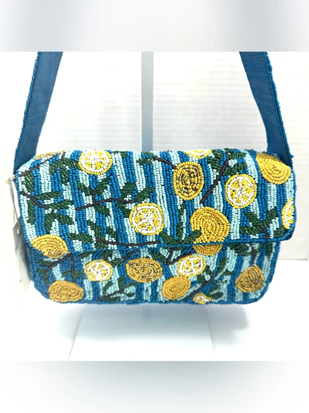 SOL and MER Beaded Striped Lemon Shoulder Bag, Made In India, Blue Multi Stripe